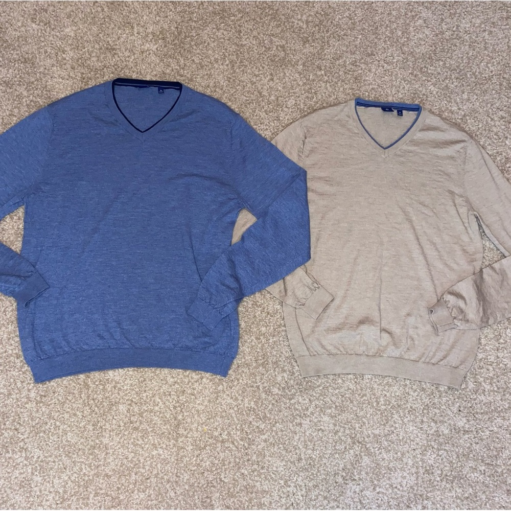 Footjoy 1857 Cashmere Double Layer VNeck Sweater Lot of 2 Pacific Blue & Cream
